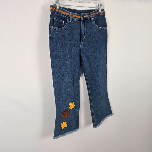 S.L.A. Jeans Junior 7 8 Cut Off Floral Embroidered Straight Leg Medium Wash Blue - Picture 13 of 16